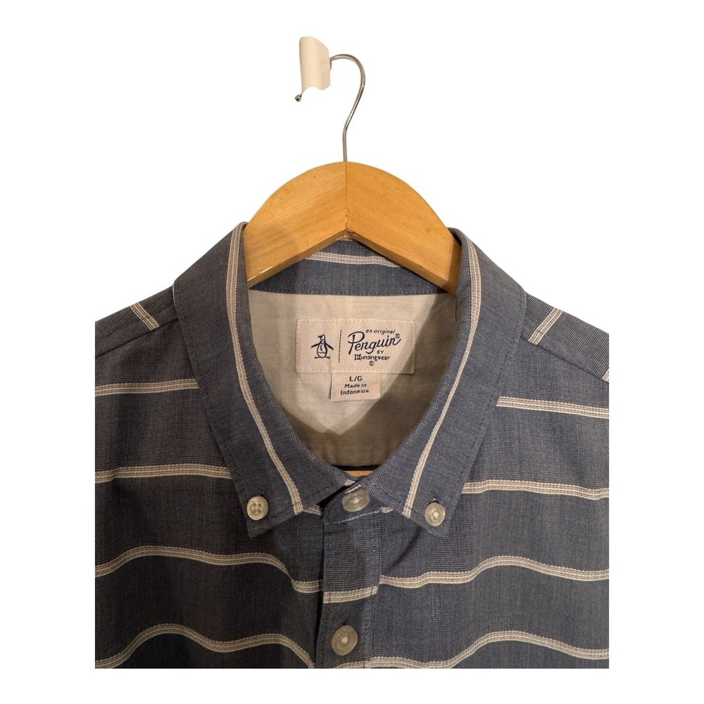 penguin mens polo shirt Blue With White Pin Stripe Large - Picture 5 of 5